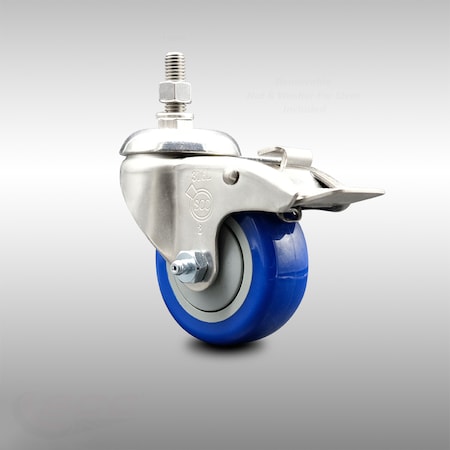 Service Caster 3 Inch 316SS Blue Polyurethane Swivel 12mm Stem Caster Total Lock Brake SCC SCC-SS316TSTTL20S314-PPUB-BLUE-M1215